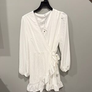 White Wrap Dress with Ruffle Hem